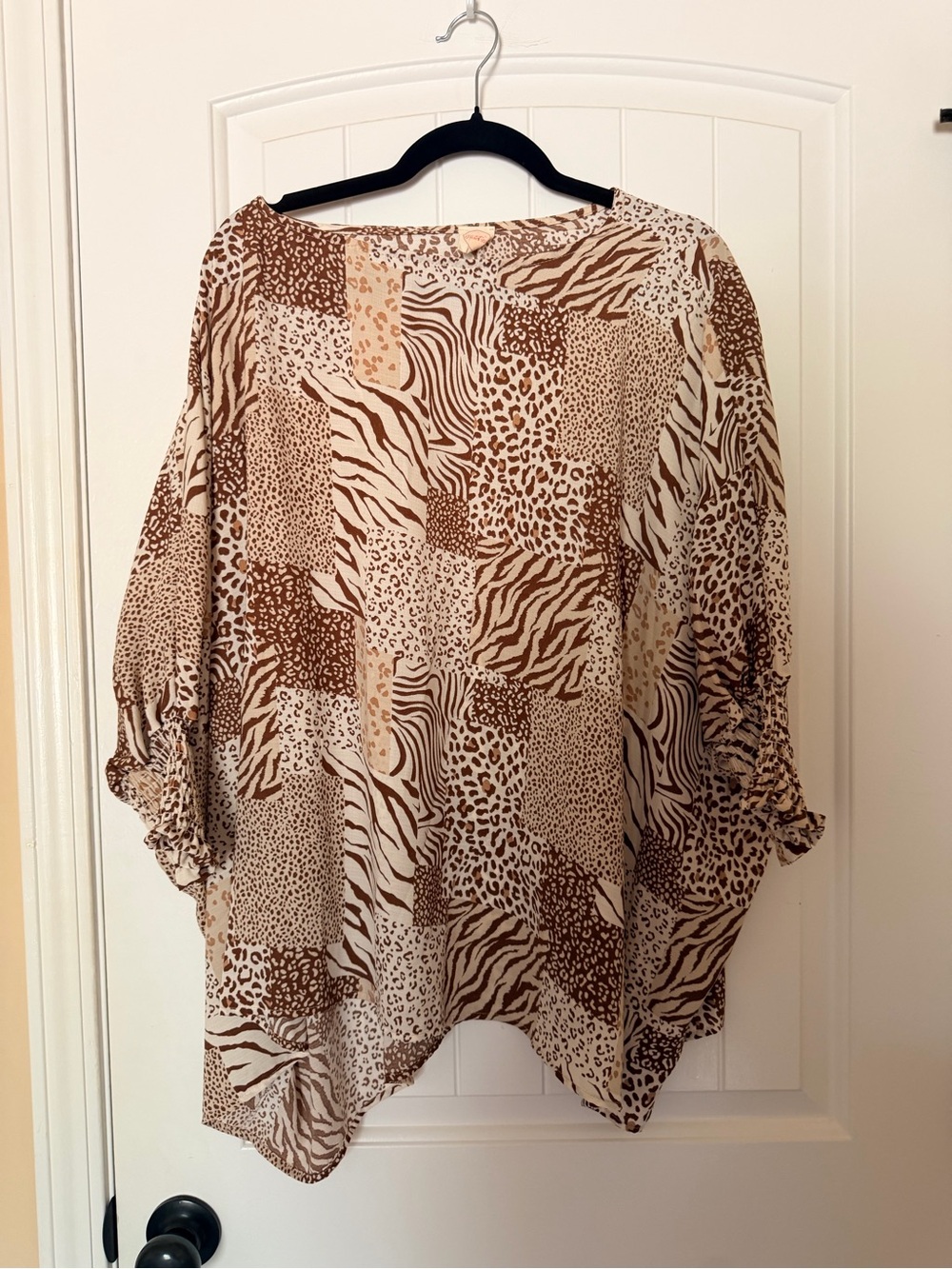 Relaxed Animal Print Batwing Blouse in Beige and Brown